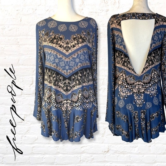 FREE People Blue Smooth Talker Bohemian Tunic or Mini Dress with open back - Picture 1 of 13